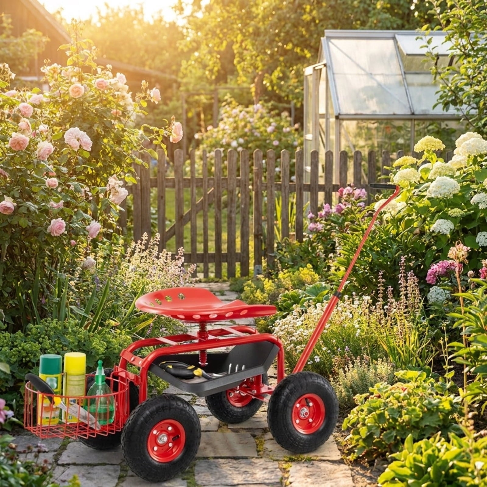 Biotree Extendable Handle Garden Cart Rolling Wagon Scooter for Garden Yard Lawn Work Outdoor, Red