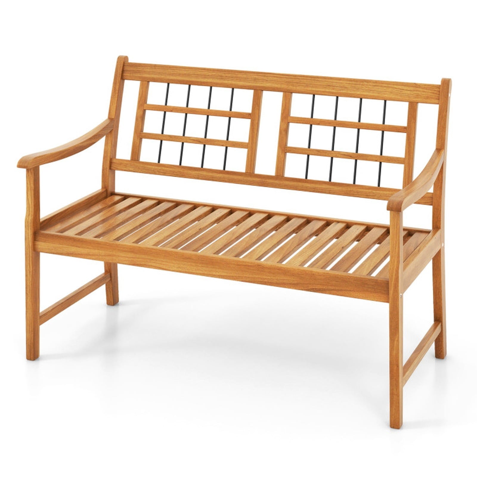 Biotree Patio Acacia Wood Bench with Curved Armrests Slatted Seat and Backrest Stackable Patio Chair for Garden BackyardNatural