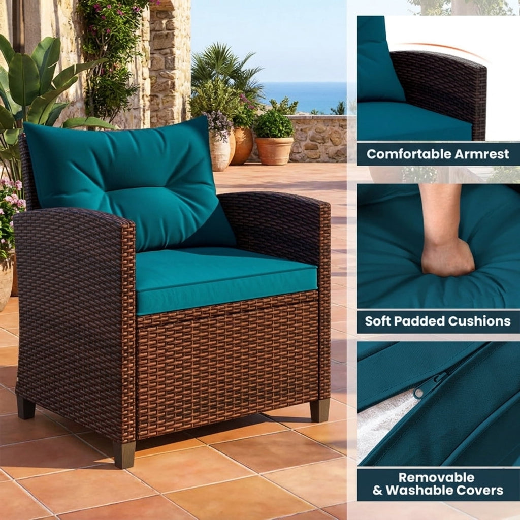 Biotree 3 Pieces Rattan Patio Furniture Set with Washable Cushion Outdoor Conversation Set for Garden Backyard PorchPeacock Blue