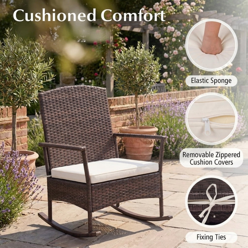 Biotree 3 Piece Patio Rocking Set Wicker Rocking Chairs with 2-Tier Coffee Table Outdoor Conversation Set for Garden Backyard PorchOff White