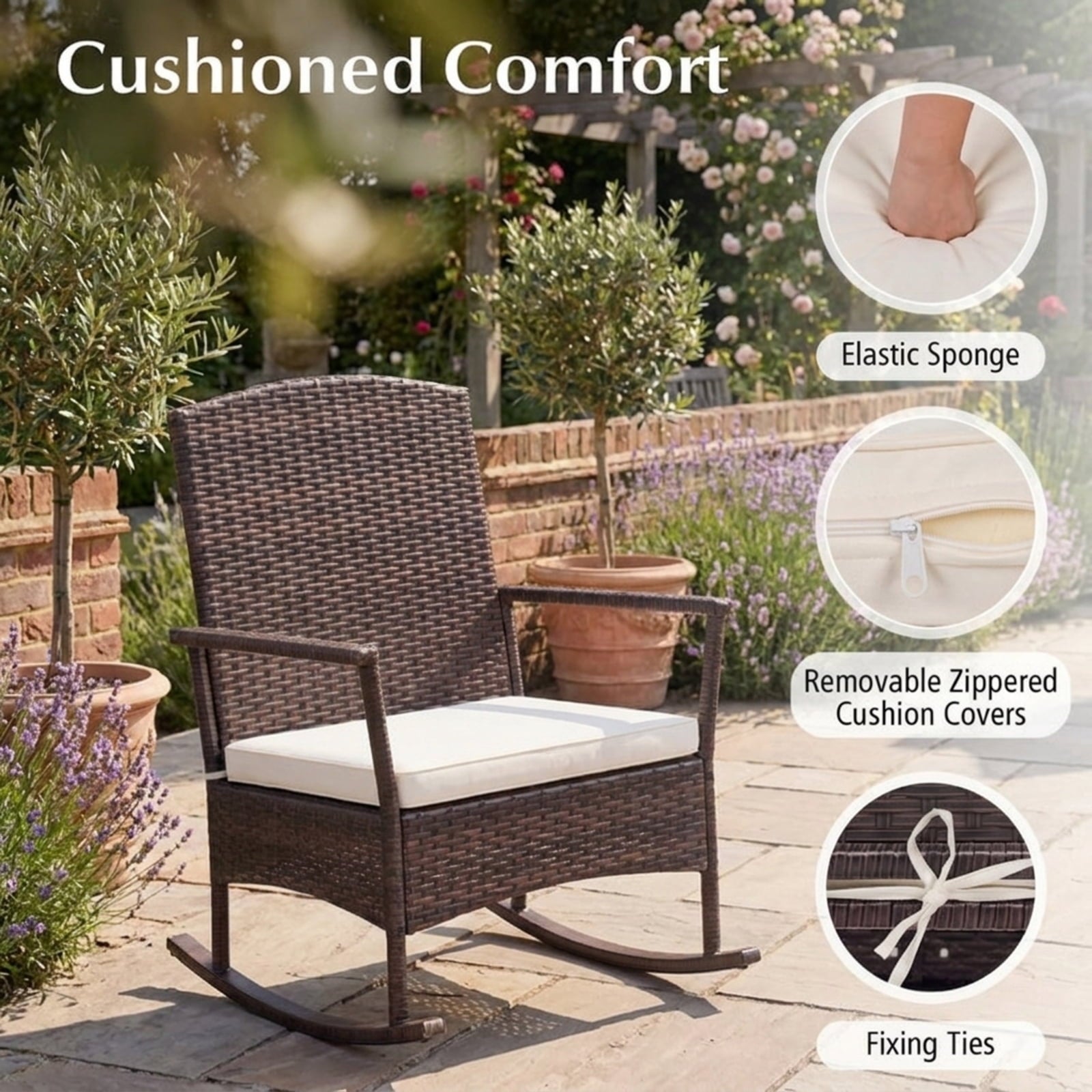 Biotree 3 Piece Patio Rocking Set Wicker Rocking Chairs with 2-Tier Coffee Table Outdoor Conversation Set for Garden Backyard PorchOff White