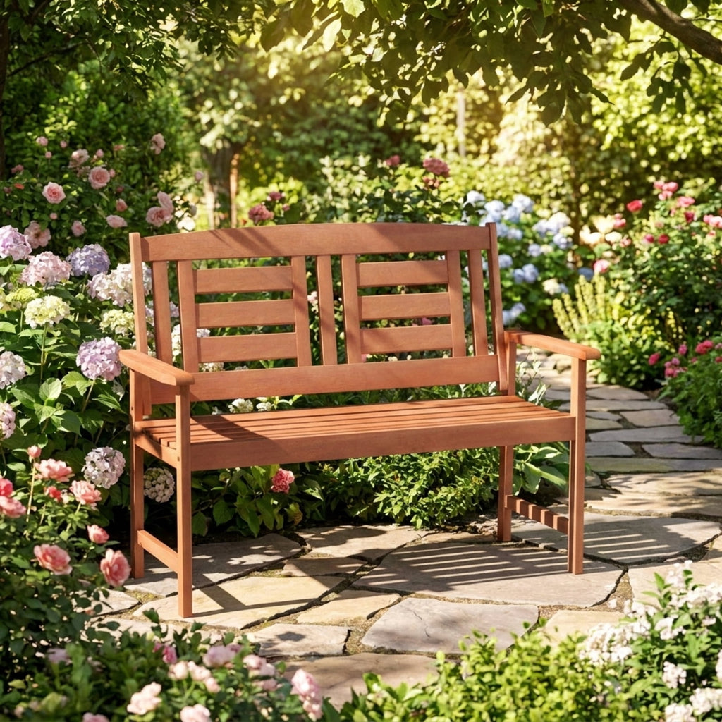 Biotree Outdoor Solid Wood Loveseat Hardwood 2-Seat Bench with Inclined Backrest and Slatted SeatTeak