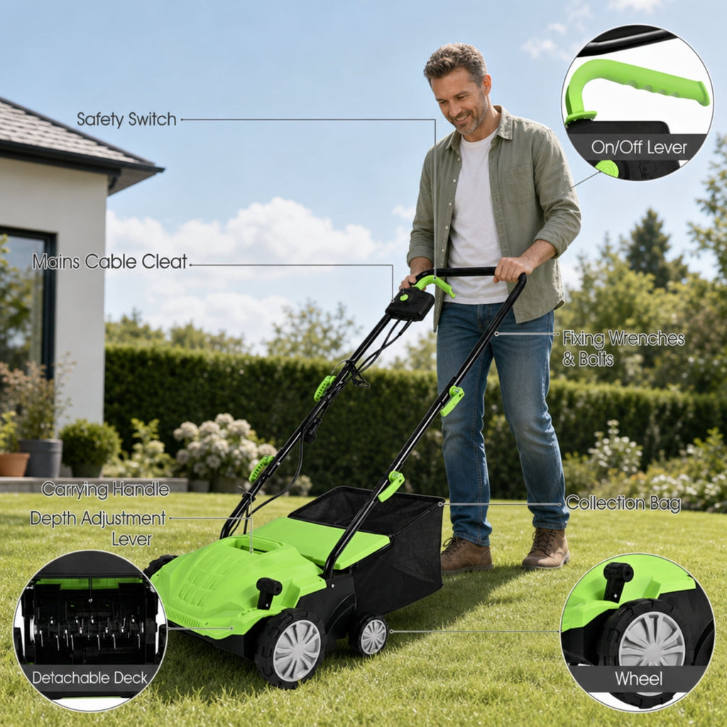 Biotree 13" 12 Amp Electric Lawn Scarifier Dethatcher, Corded Lawn Rake with 3-Position Depth Adjustment, Removable Blades and 40L Collection Bag for Grass Renovation and Yard Care Green