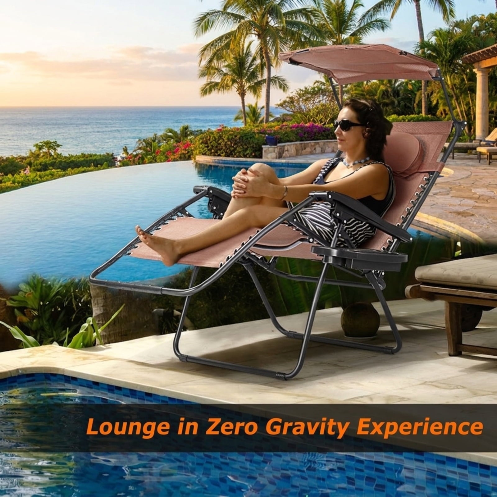 Biotree Folding Recliner Lounge Chair with Shade Canopy Cup Holder Stackable Patio Chair for Garden BackyardBrown