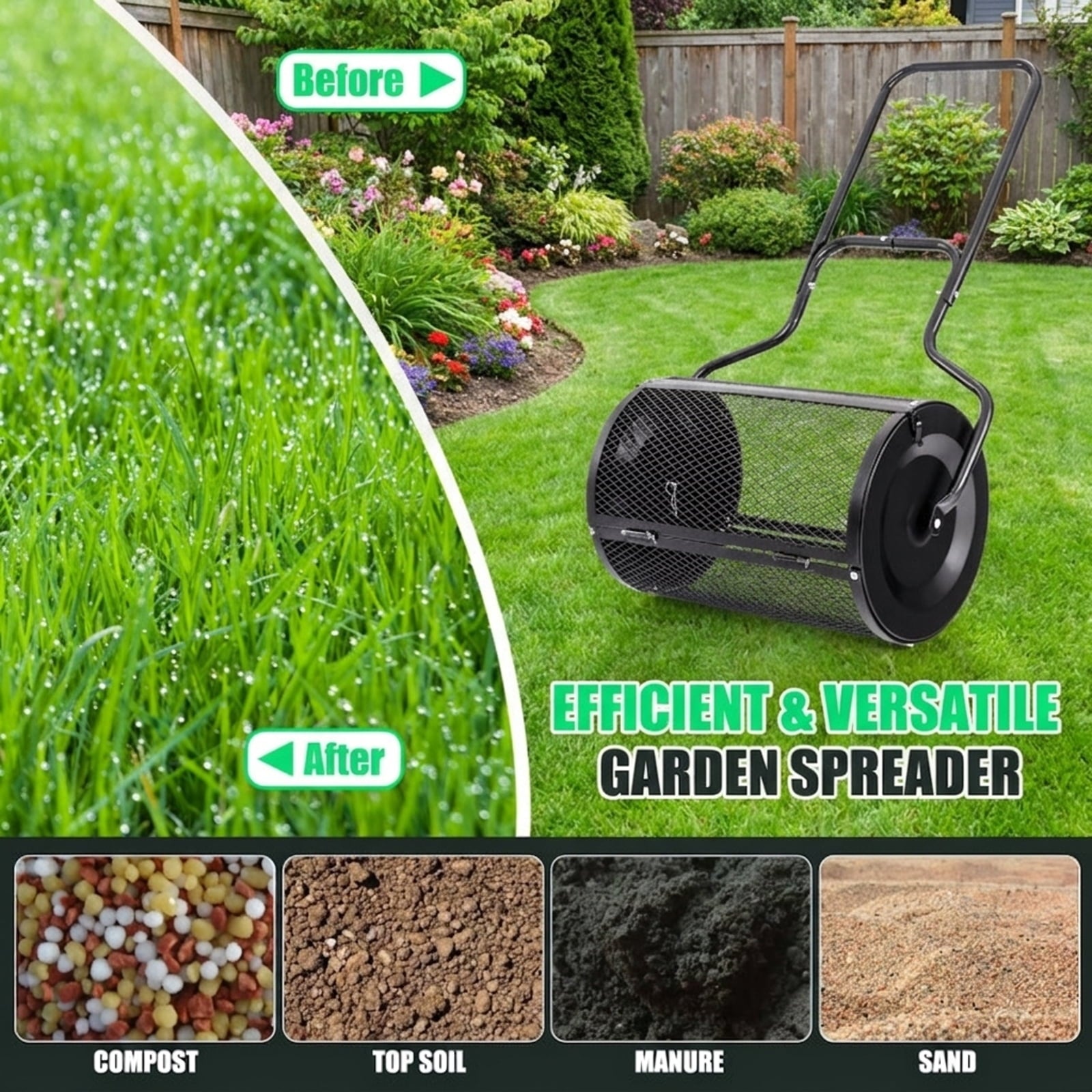 Biotree 24 Peat Moss Spreader with Upgrade Side Latches and U-shape Handle for Lawn Garden Yard Soil Care, Green