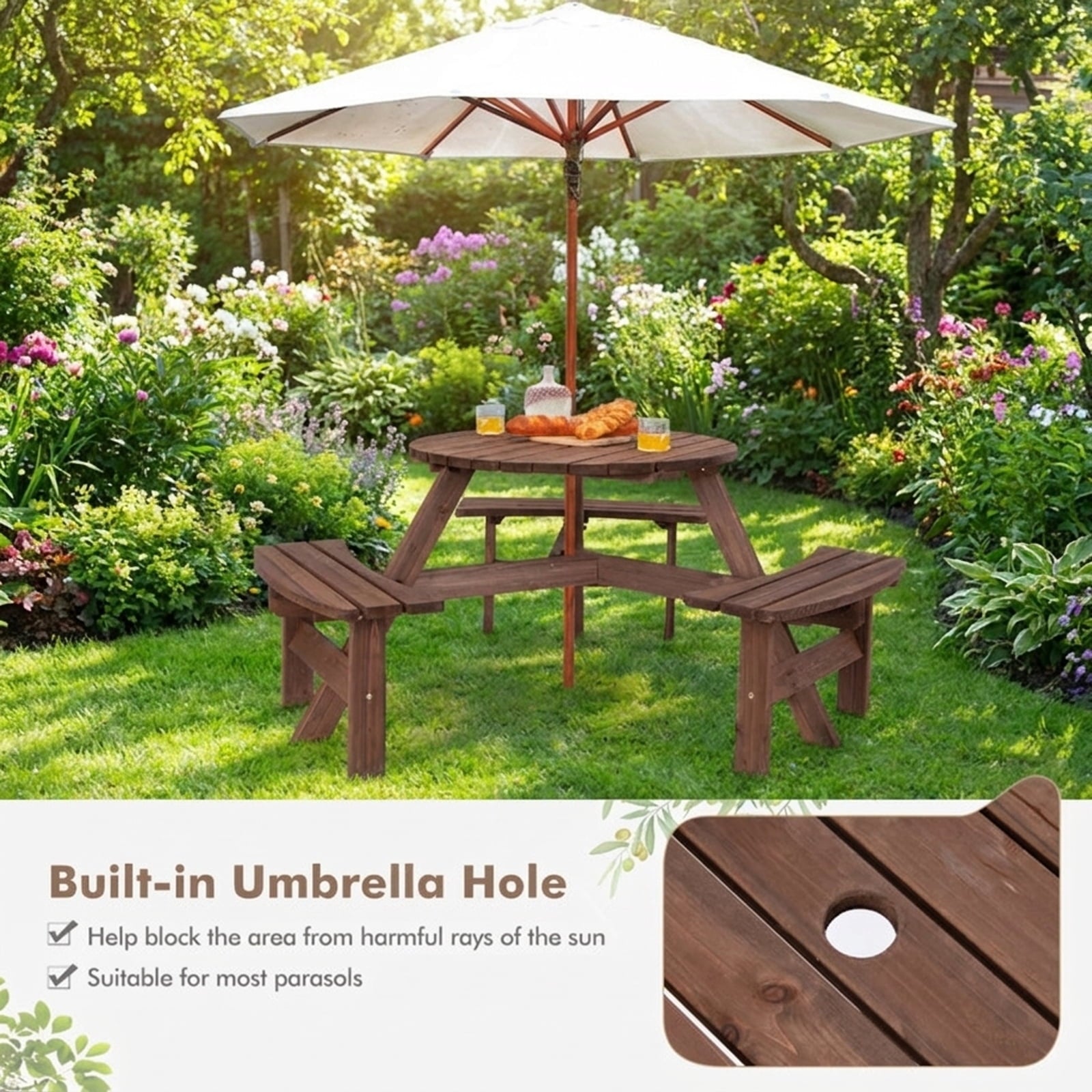 Biotree 66.9-Inch 6 Person Wooden Picnic Table Set with Bench and Umbrella Hold, Black