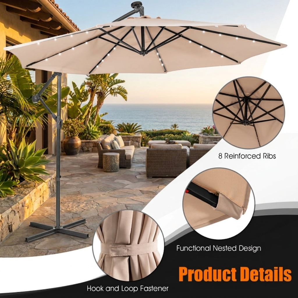 Biotree 10 FT Patio Umbrella, Patio Solar Powered Cantilever Umbrella with Tilting System for Patio Garden Backyard Pool, Beige