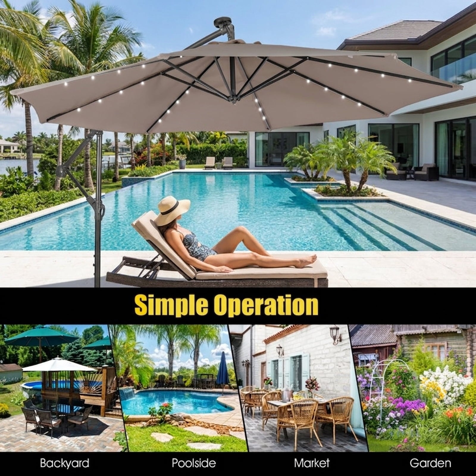 Biotree 10 ft Cantilever Offset Patio Umbrella Solar Powered Outdoor Shade - Brown - UV Protection with Cross Base