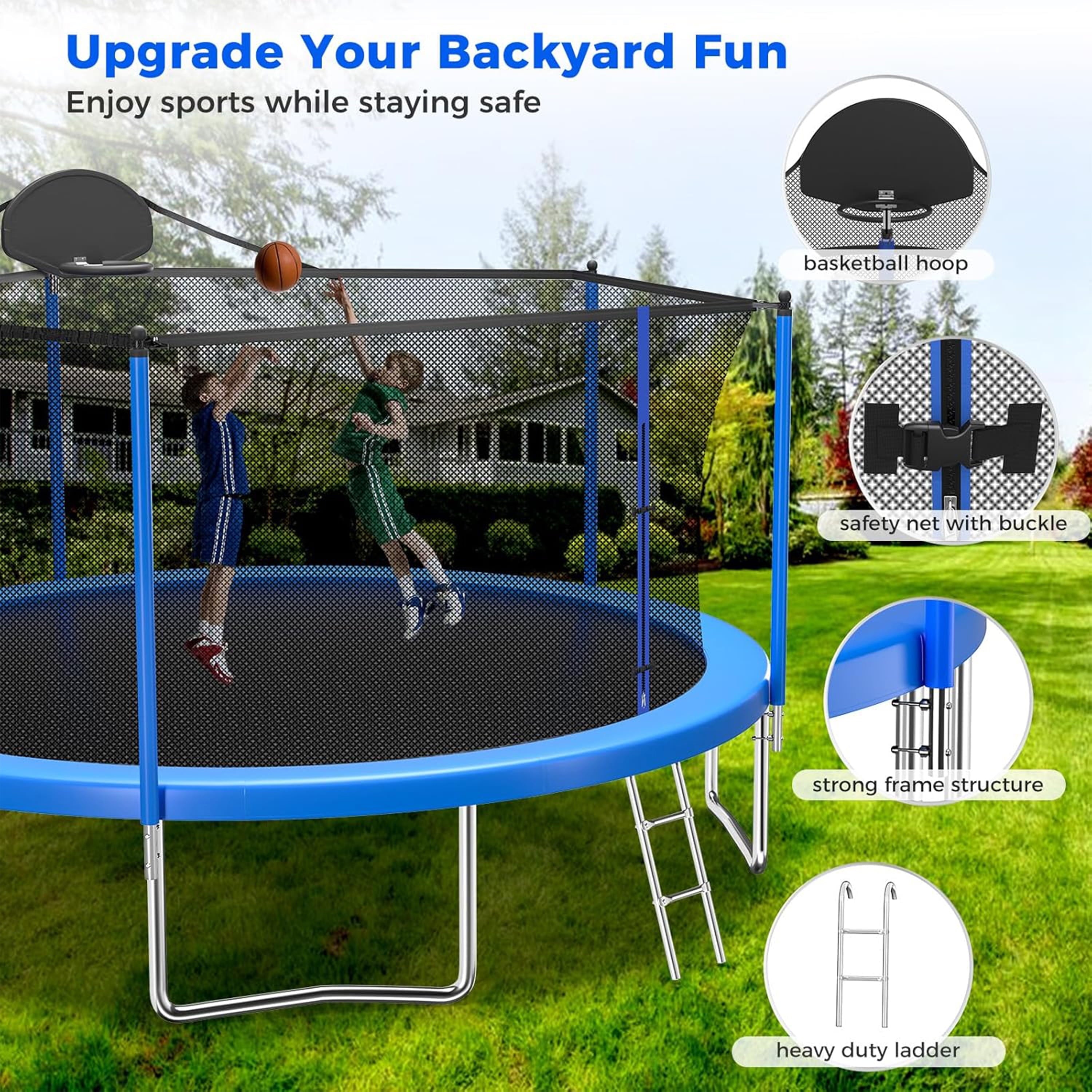 Biotree 12 FT Trampoline for Kids and Adults, Outdoor Trampoline with Basketball Hoop Safety Enclosure Net,Large Load Capacity Heavy-Duty Jumping Trampoline for Boys and Girls