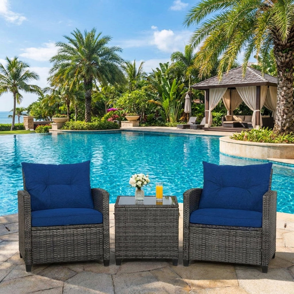Biotree 3 Pieces Outdoor Wicker Conversation Set with Tempered Glass Tabletop Outdoor Conversation Set for Garden Backyard PorchNavy