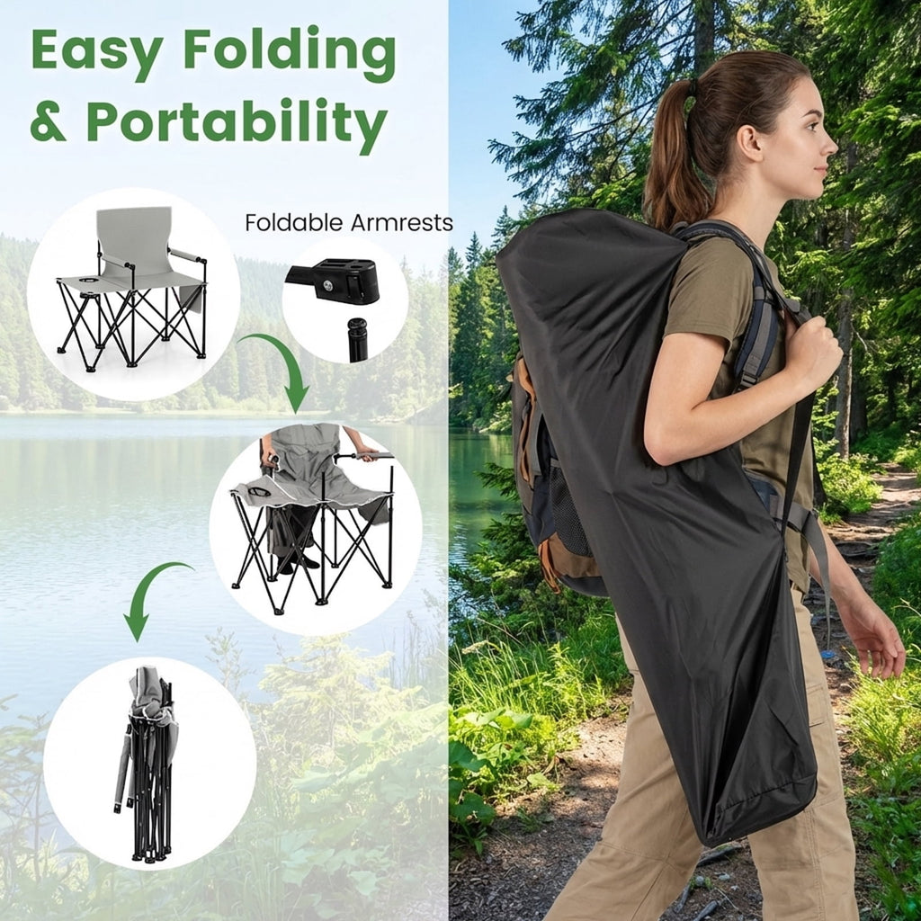 Biotree Heavy Duty Oversized Folding Camping Chair with Side Table and Storage Pockets Portable Outdoor Chair for Adults, Gray