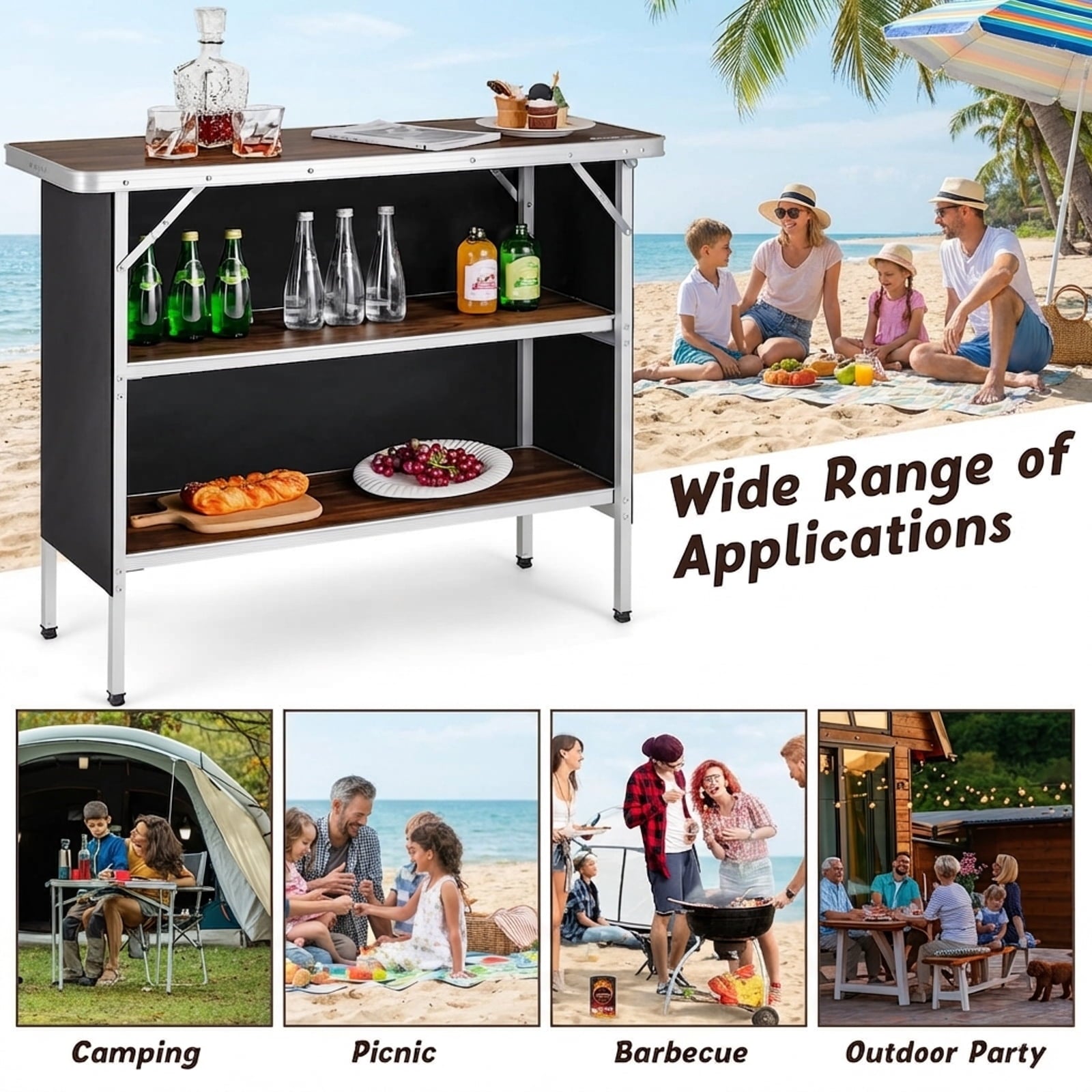 Biotree Folding Camping Table with 2-Tier Open Shelves for Outdoor BBQ Portable Camp Kitchen Table with Storage, Brown