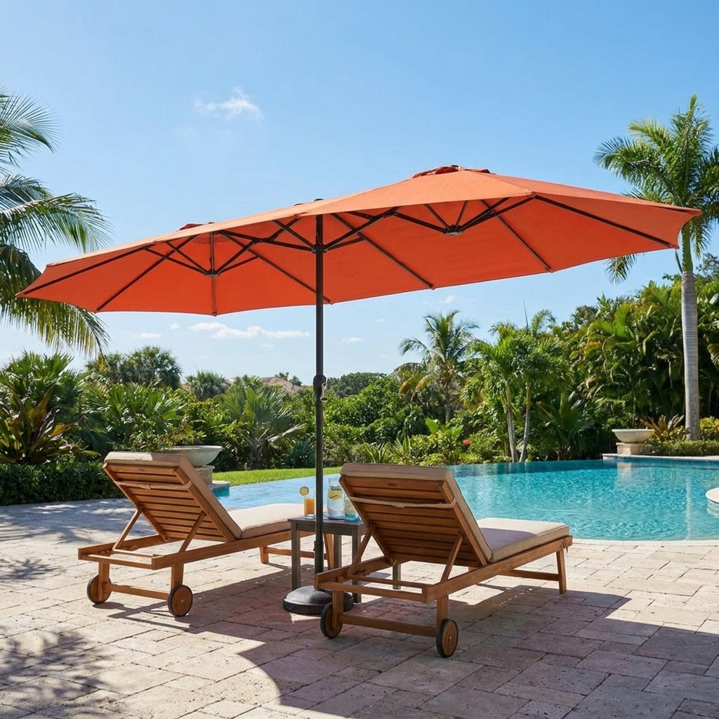 Biotree 15 ft Double-Sided Twin Patio Umbrella Crank Tilt Outdoor Shade - Orange - UV Protection with Cross Base