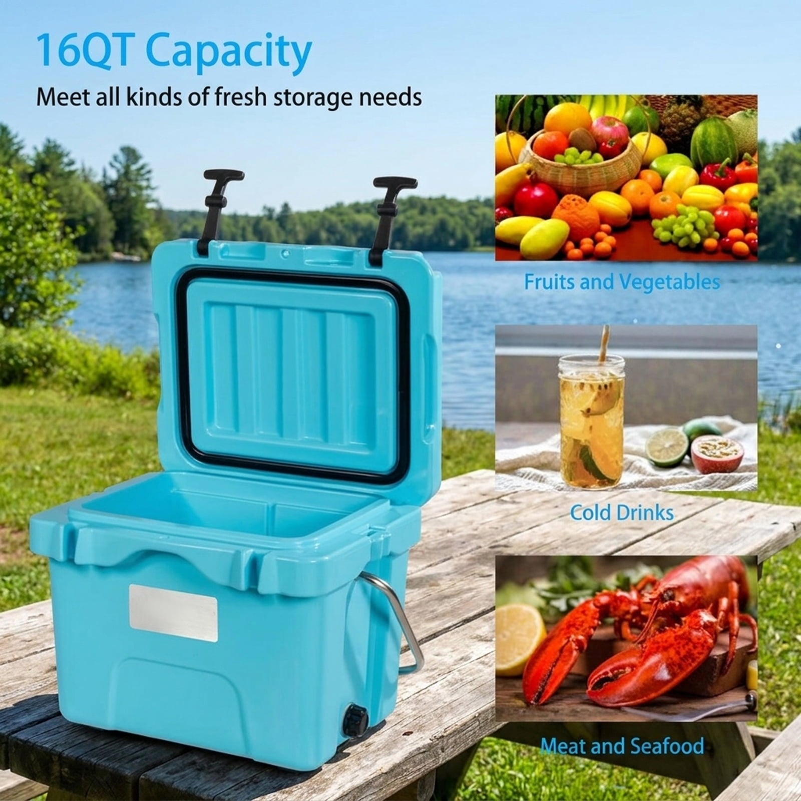 Biotree 16 Quart 24 Can Capacity Portable Insulated Ice Cooler with 2 Cup Holders, Blue