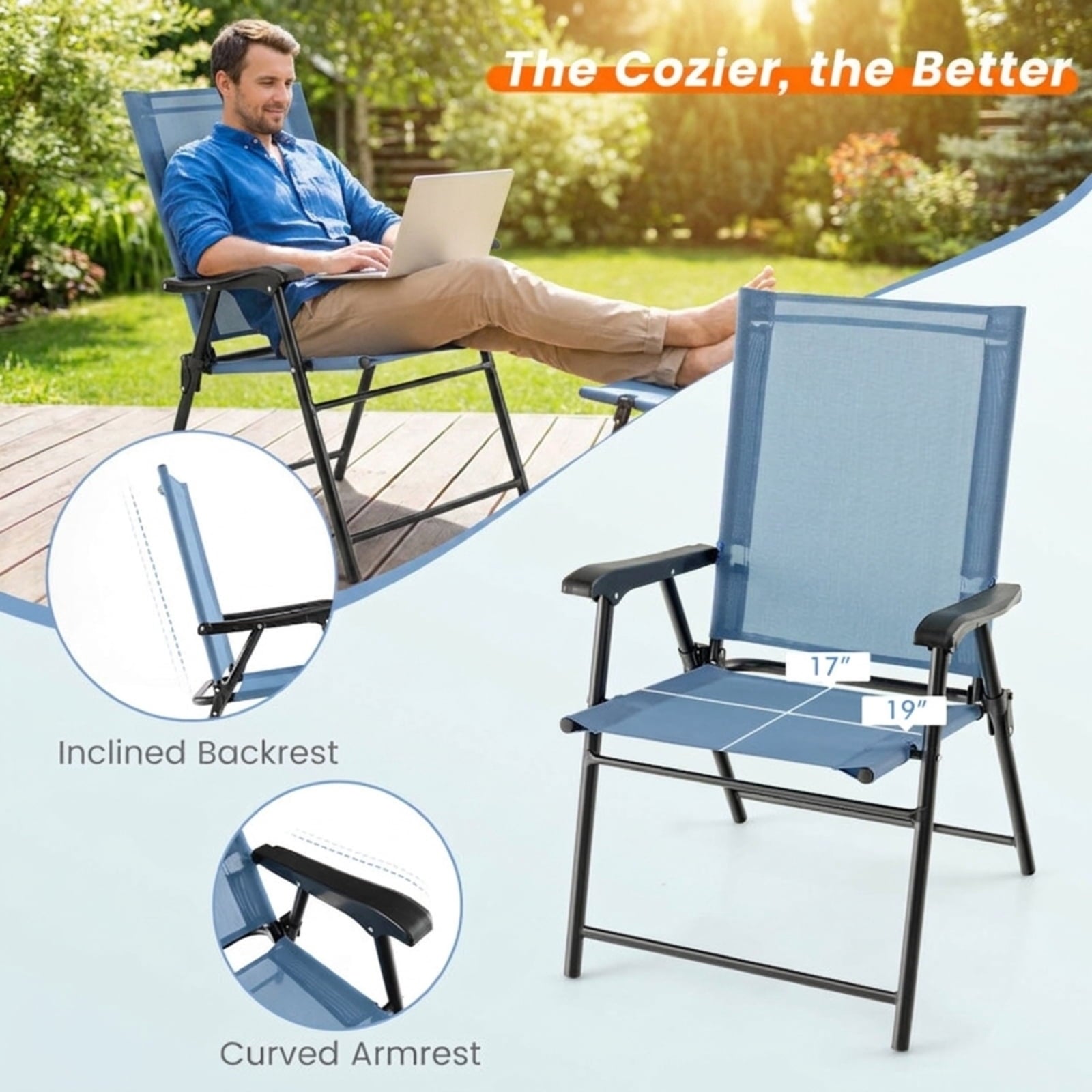 Biotree 2 Set of Patio Dining Chair with Armrests and Metal Frame Stackable Patio Chair for Garden BackyardBlue