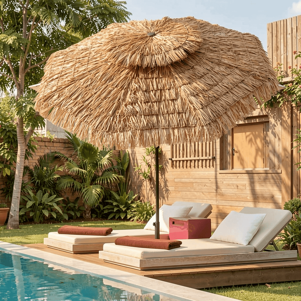 Biotree 9 Feet Thatched Tiki Umbrella with 8 Ribs Natural - Outdoor Patio Garden Sun Shade with UV Protection for Deck Lawn and Garden