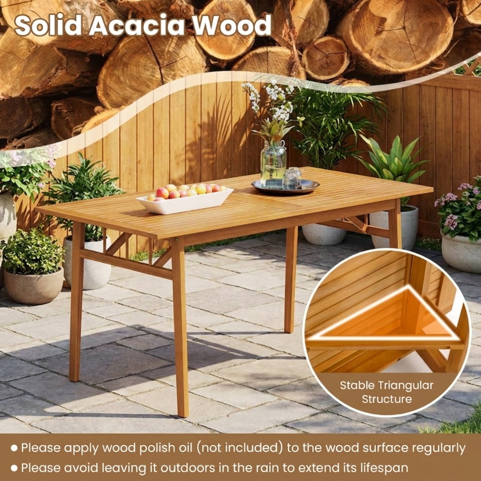 Biotree 63-Inch Outdoor Wooden Dining Table with Umbrella Hole and Stable Base, Natural