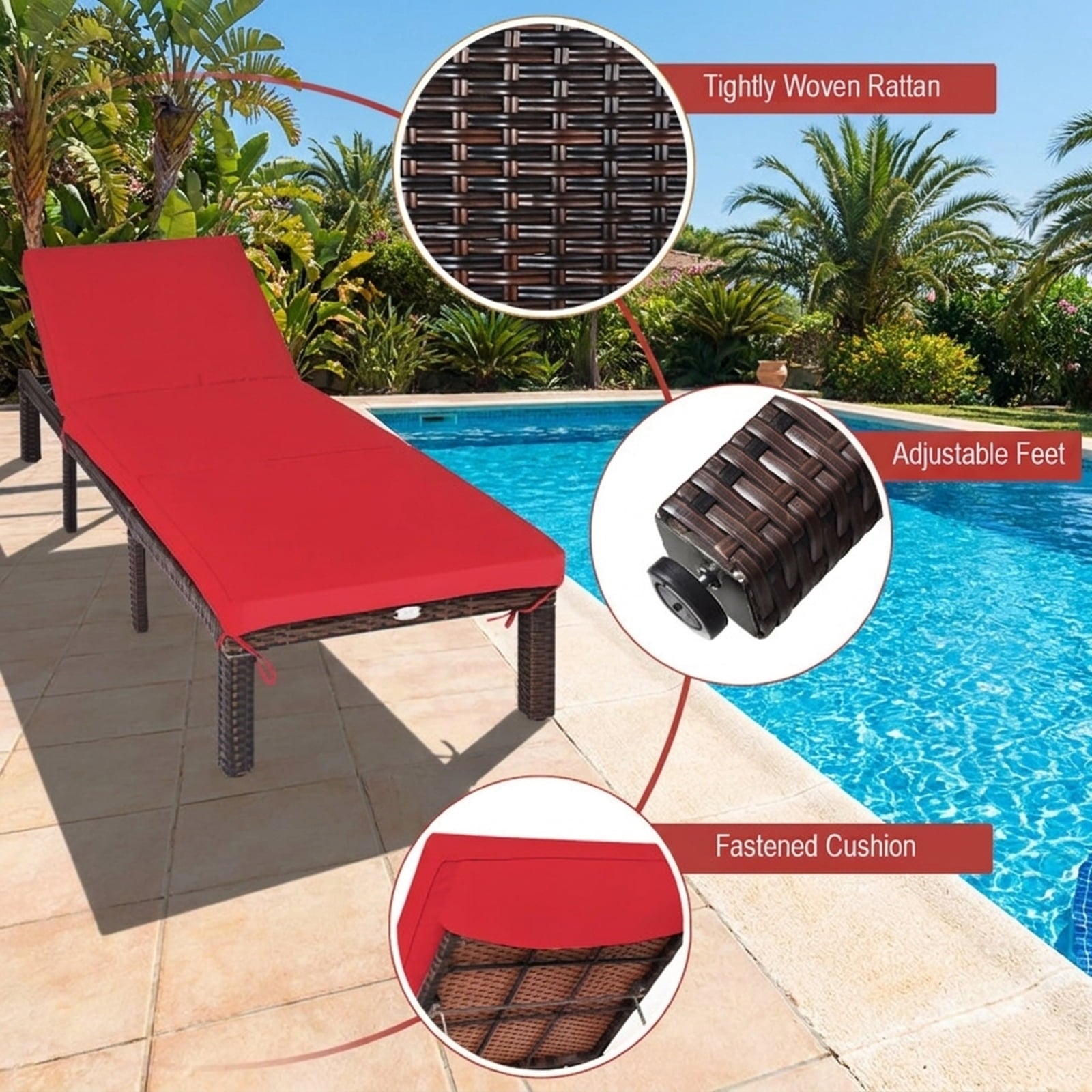 Biotree Outdoor Rattan Adjustable Cushioned Chaise Stackable Patio Chair for Garden BackyardRed