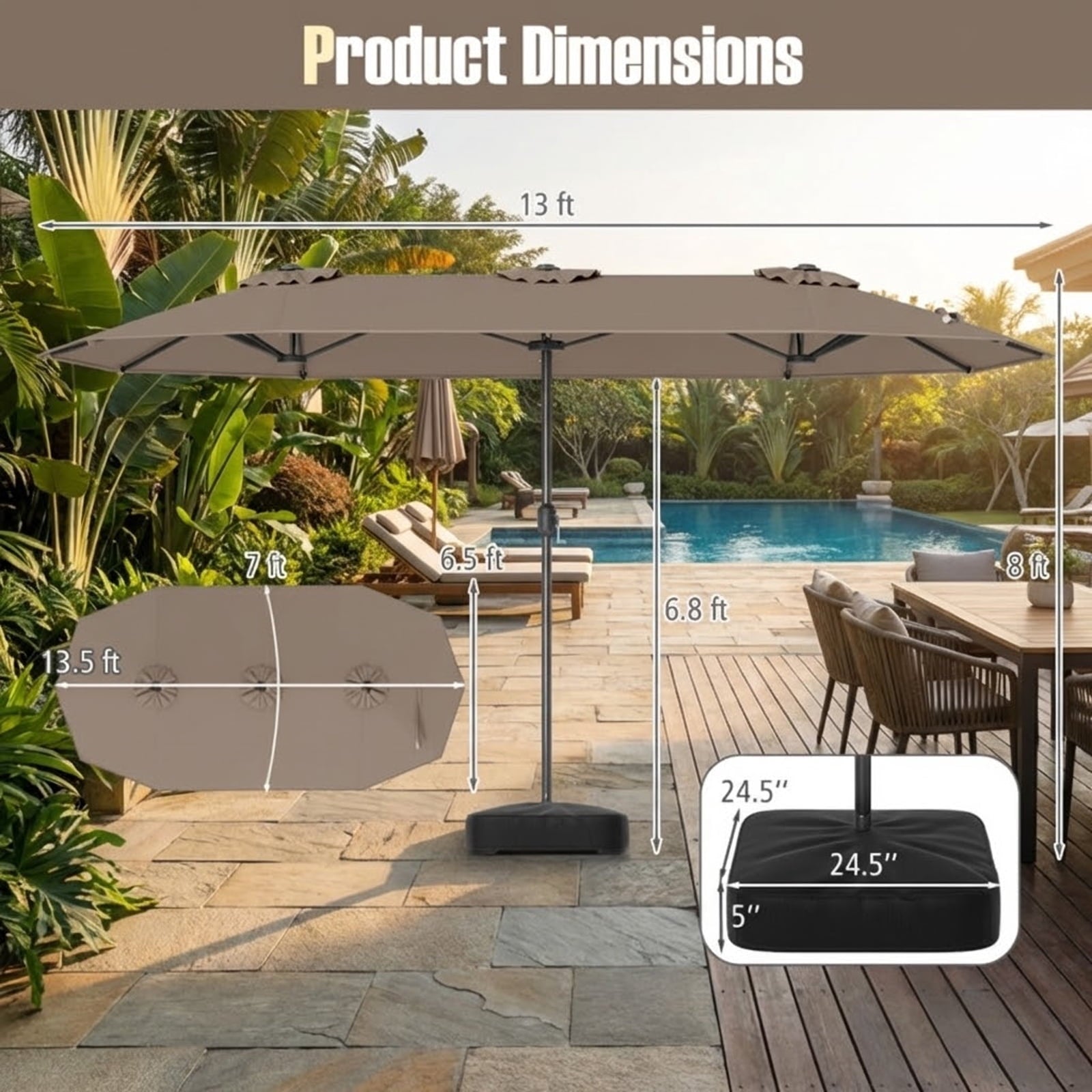 Biotree 13FT Double-sided Patio Twin Table Umbrella with Crank Handle-Tan Brown - Outdoor Patio Garden Sun Shade