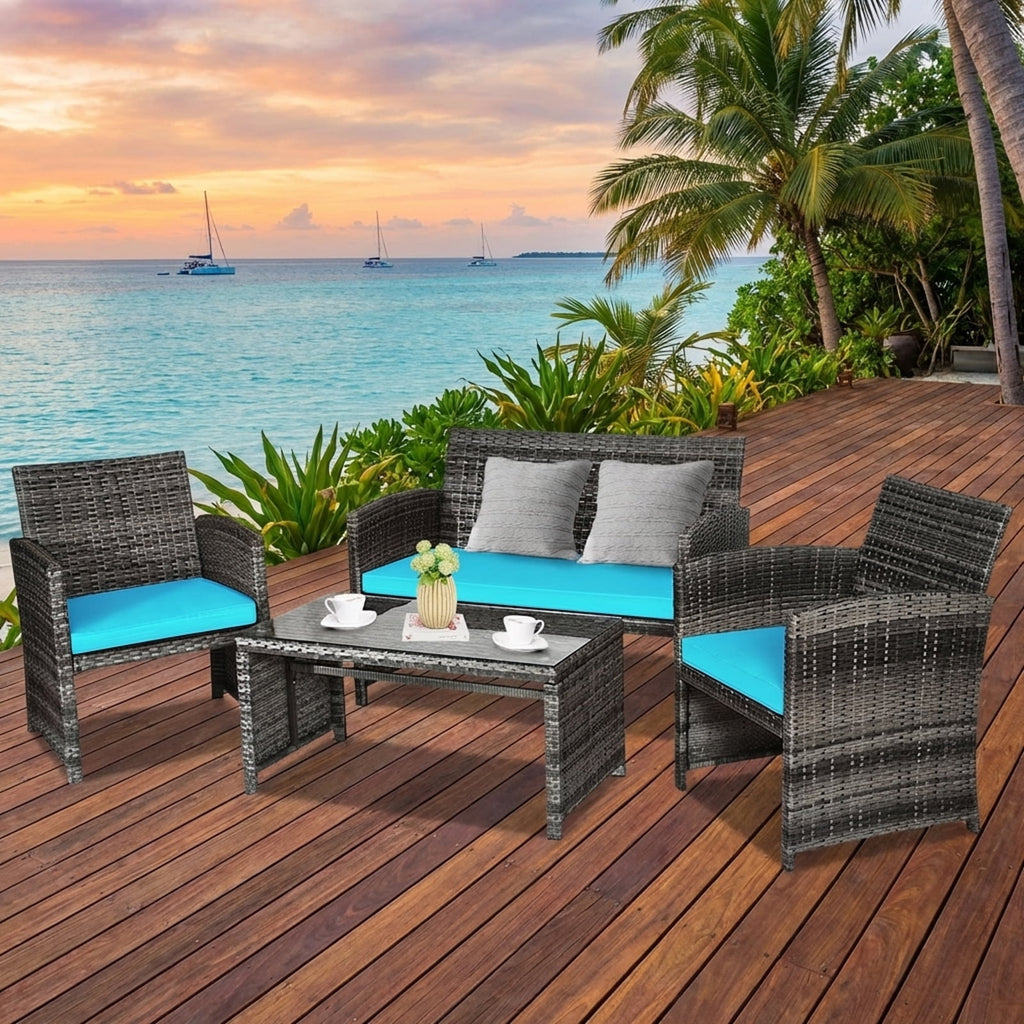 Biotree 4-Piece Patio Rattan Furniture Set-Turquoise