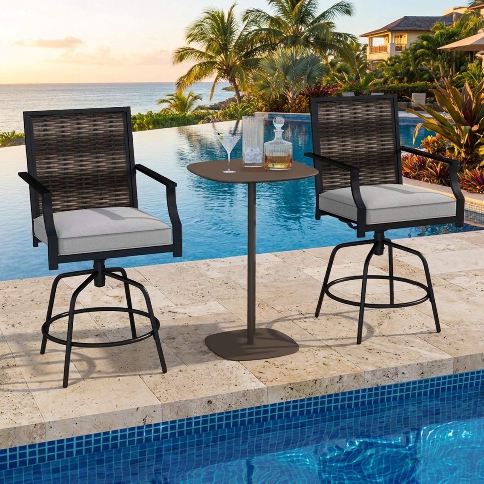 Biotree Set of 2 Outdoor PE Wicker Swivel Bar Stools 24-Inch Counter Height Patio Bar Chairs with Backrest, Grey