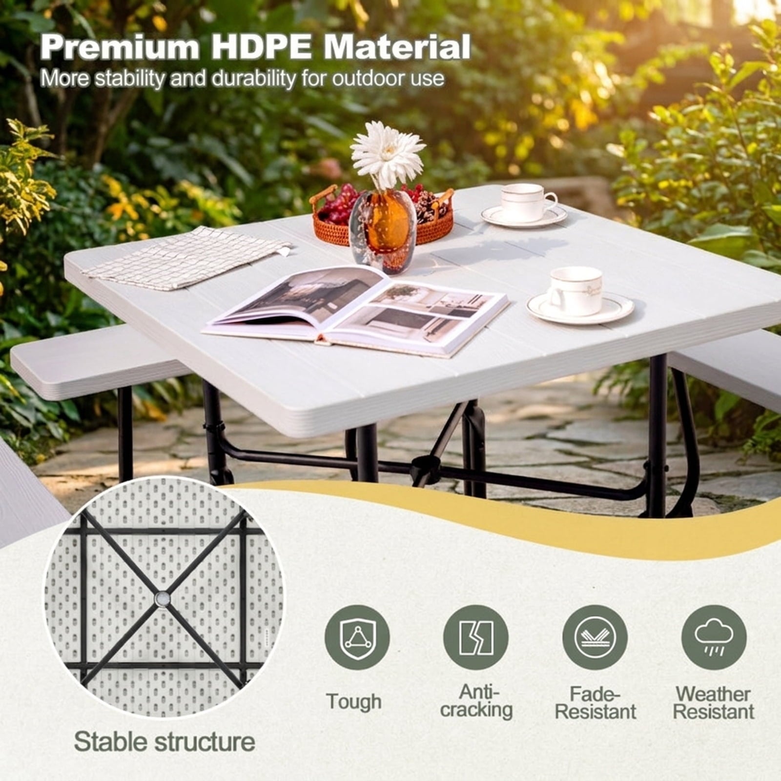 Biotree 67-Inch Outdoor Picnic Table with 4 Benches and Umbrella Hole, White