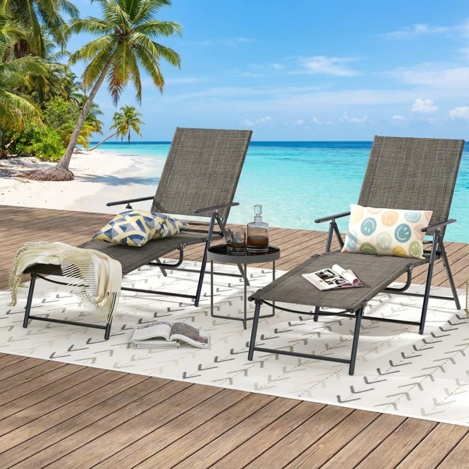 Biotree 2 Piece Patio Folding Chaise Lounge Chairs Recliner with 6-Level Backrest Stackable Patio Chair for Garden BackyardCoffee