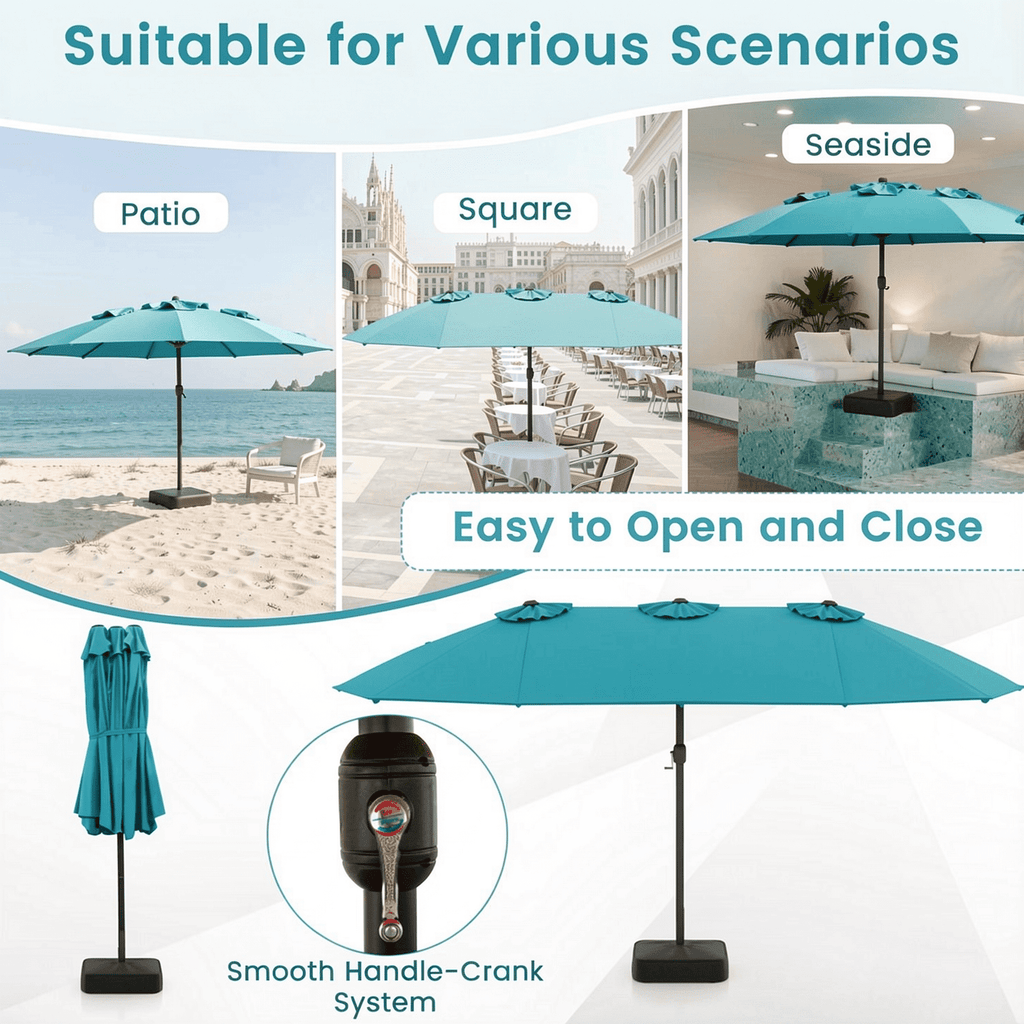 Biotree 15 Feet Double-Sided Twin Patio Umbrella with Crank and Base-Turquoise Beige Brown Blue Grey Orange Red Turquoise Black