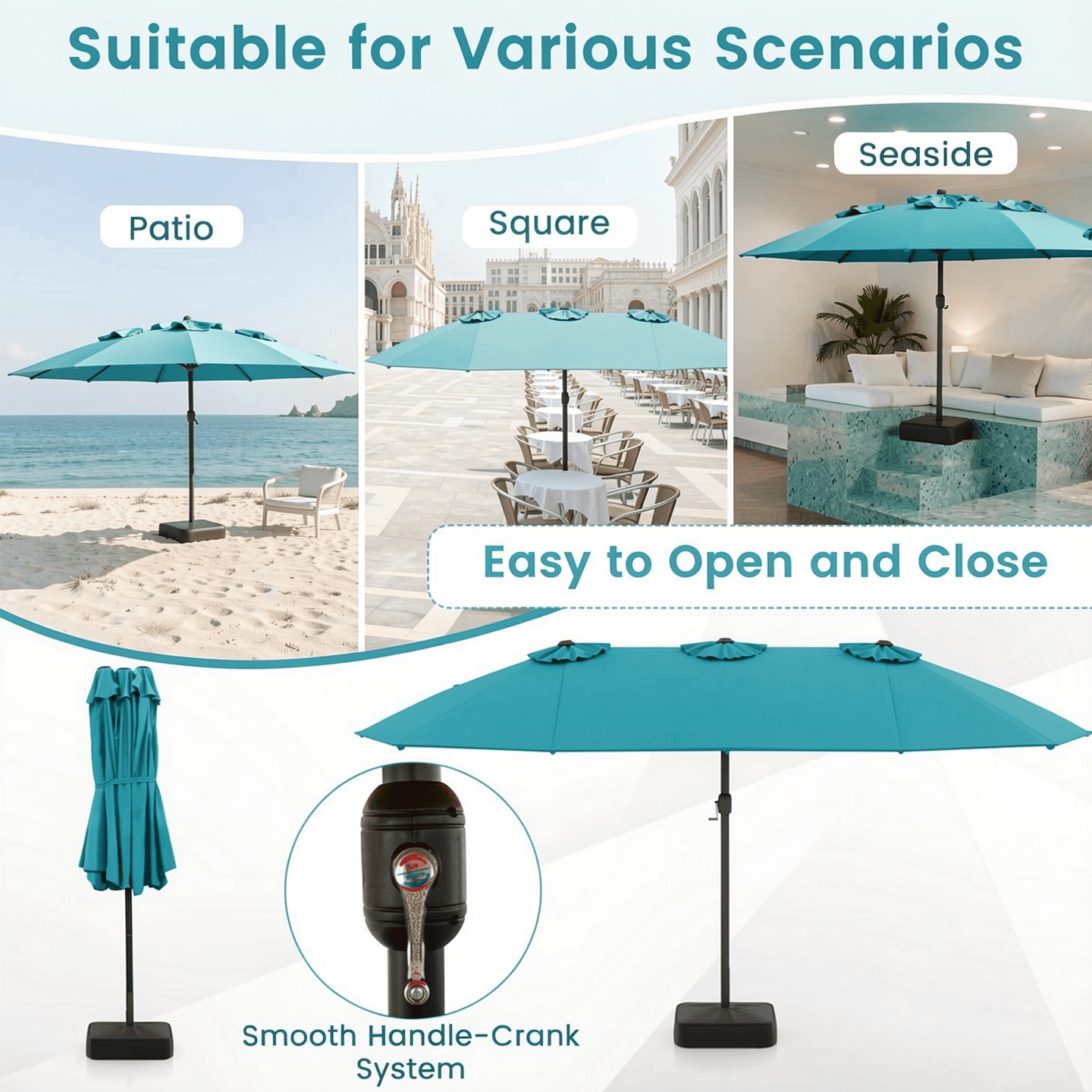 Biotree 15 Feet Double-Sided Twin Patio Umbrella with Crank and Base-Turquoise Beige Brown Blue Grey Orange Red Turquoise Black