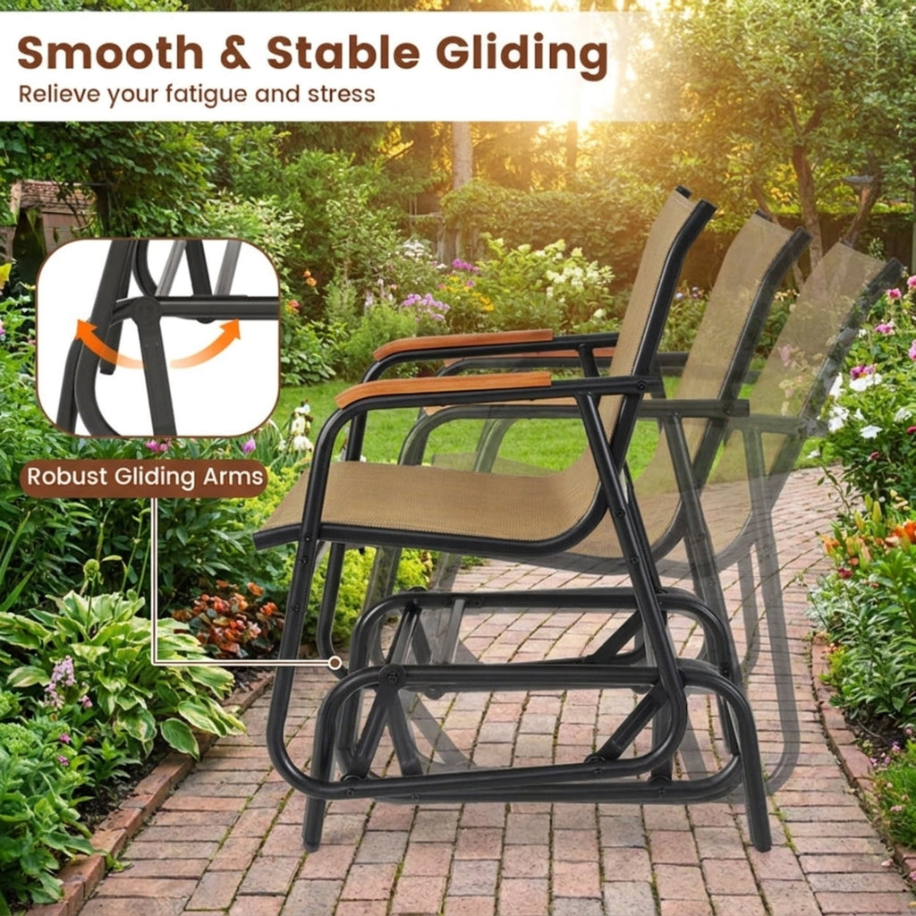 Biotree Patio Glider Chair Set of 2 with Curved Teak Armrests and Breathable Fabric Seat Stackable Patio Chair for Garden BackyardBrown