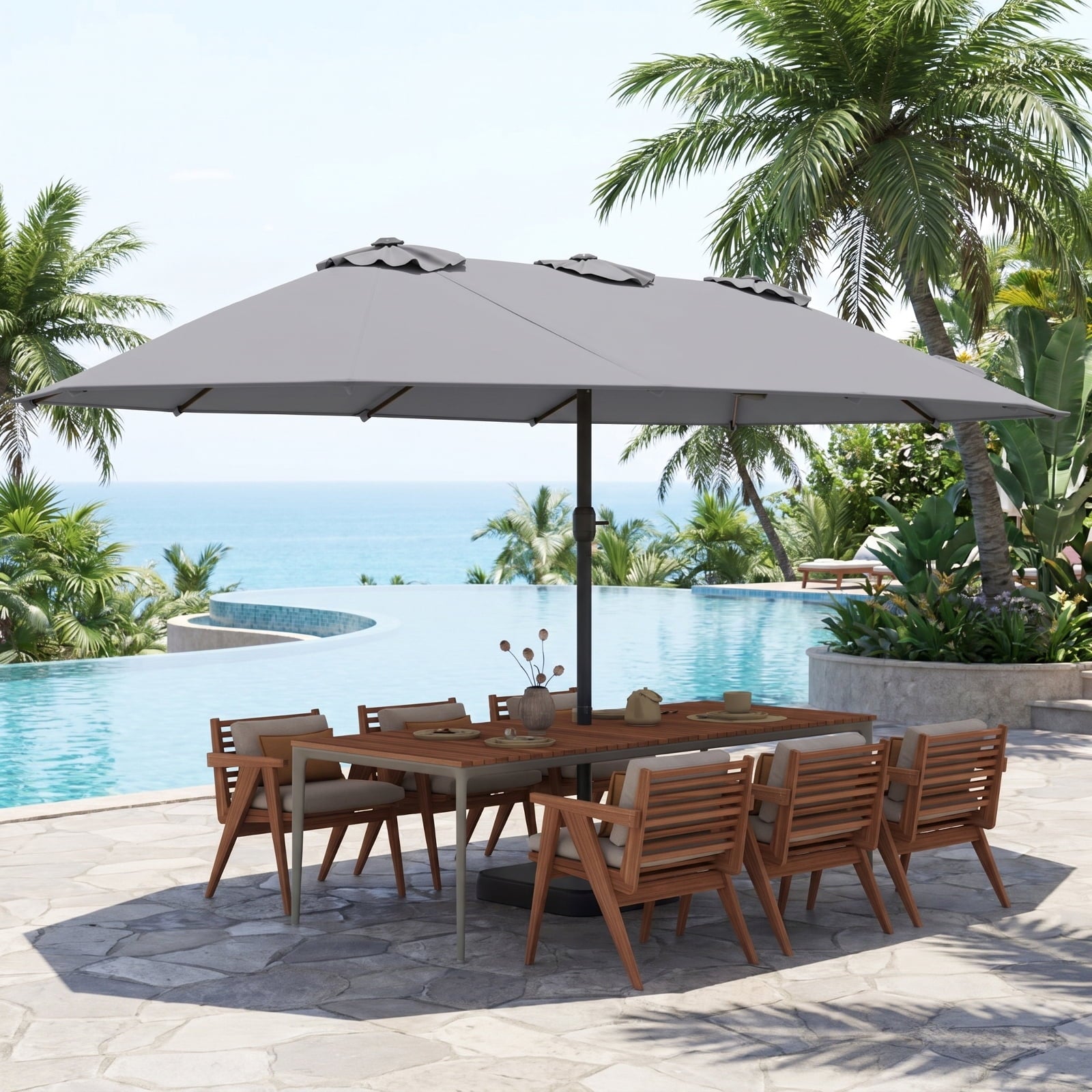 Biotree 15 ft Double-Sided Twin Patio Umbrella Crank Tilt Outdoor Shade - Gray - UV Protection with Cross Base