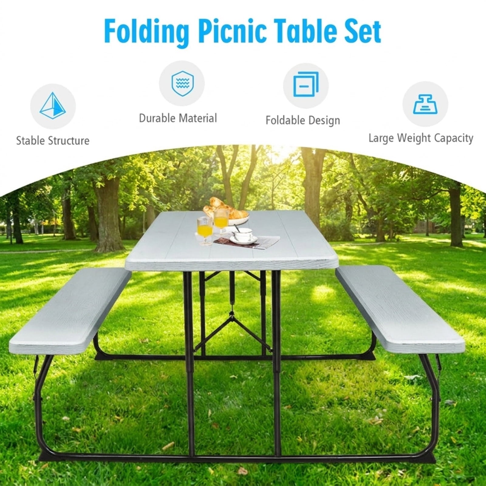 Biotree Indoor and Outdoor Folding Picnic Table Bench Set with Wood-like Texture, Gray