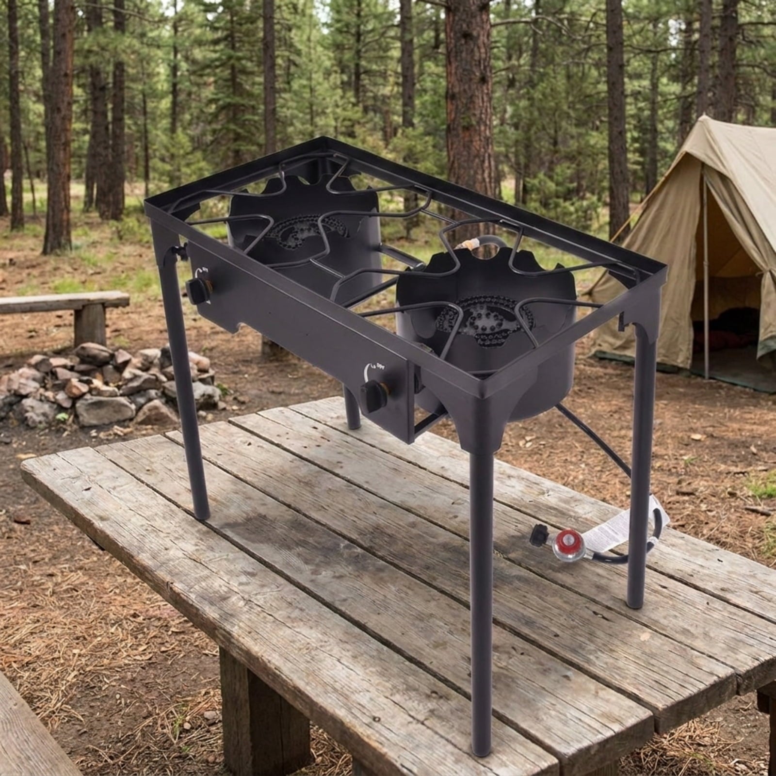 Biotree 150000 BTU Double Burner Outdoor Stove BBQ Grill for Outdoor Camping Backyard Patio Cooking, Black