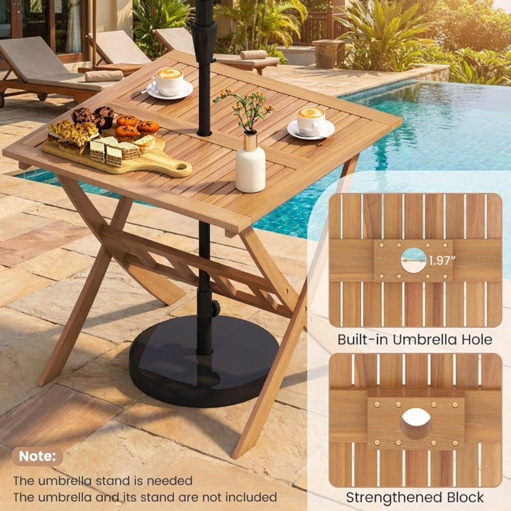 Biotree 36-Inch Acacia Wood Folding Patio Dining Table with Umbrella Hole for 4 People, Natural