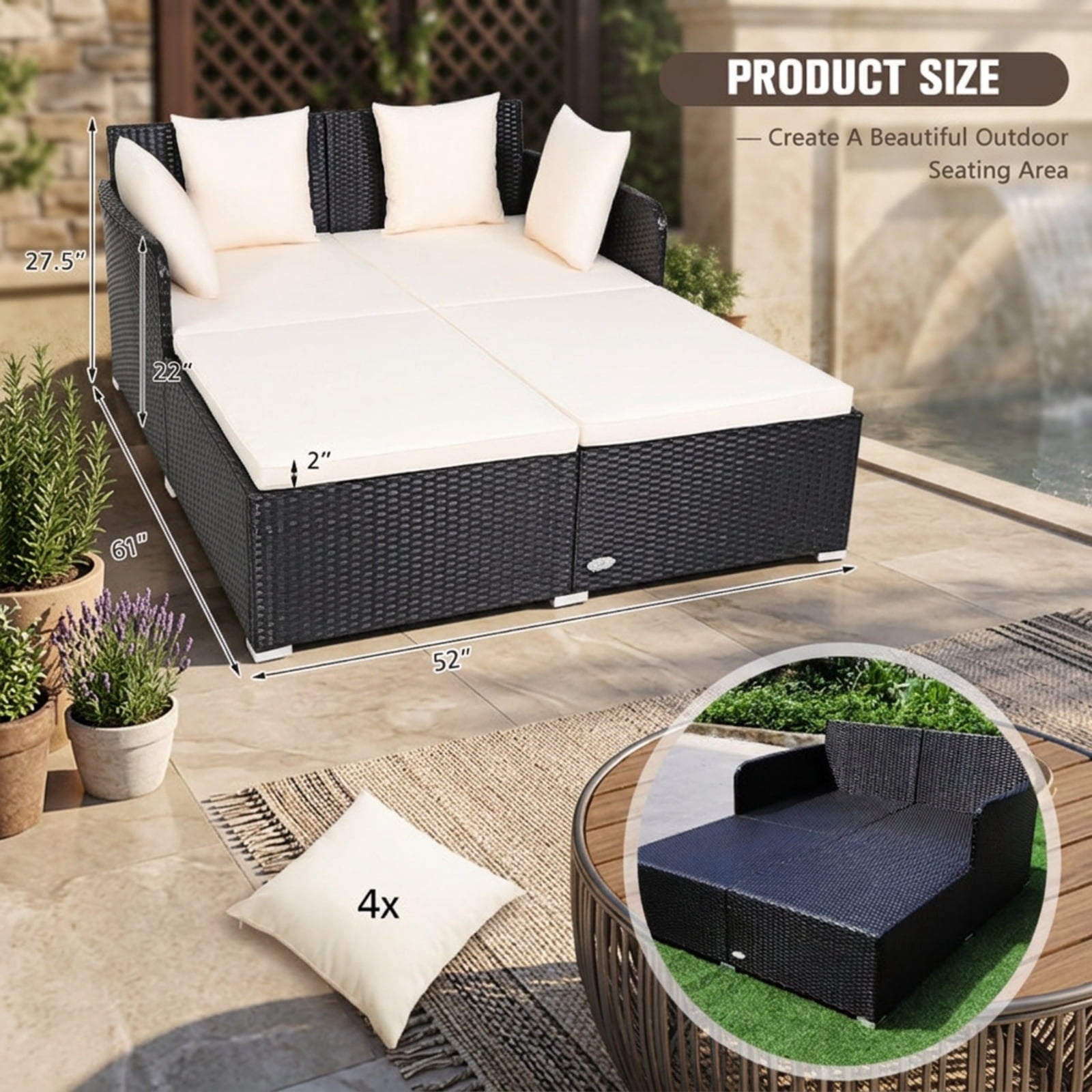 Biotree Spacious Outdoor Rattan Daybed with Upholstered Cushions and Pillows Outdoor Conversation Set for Garden Backyard PorchWhite
