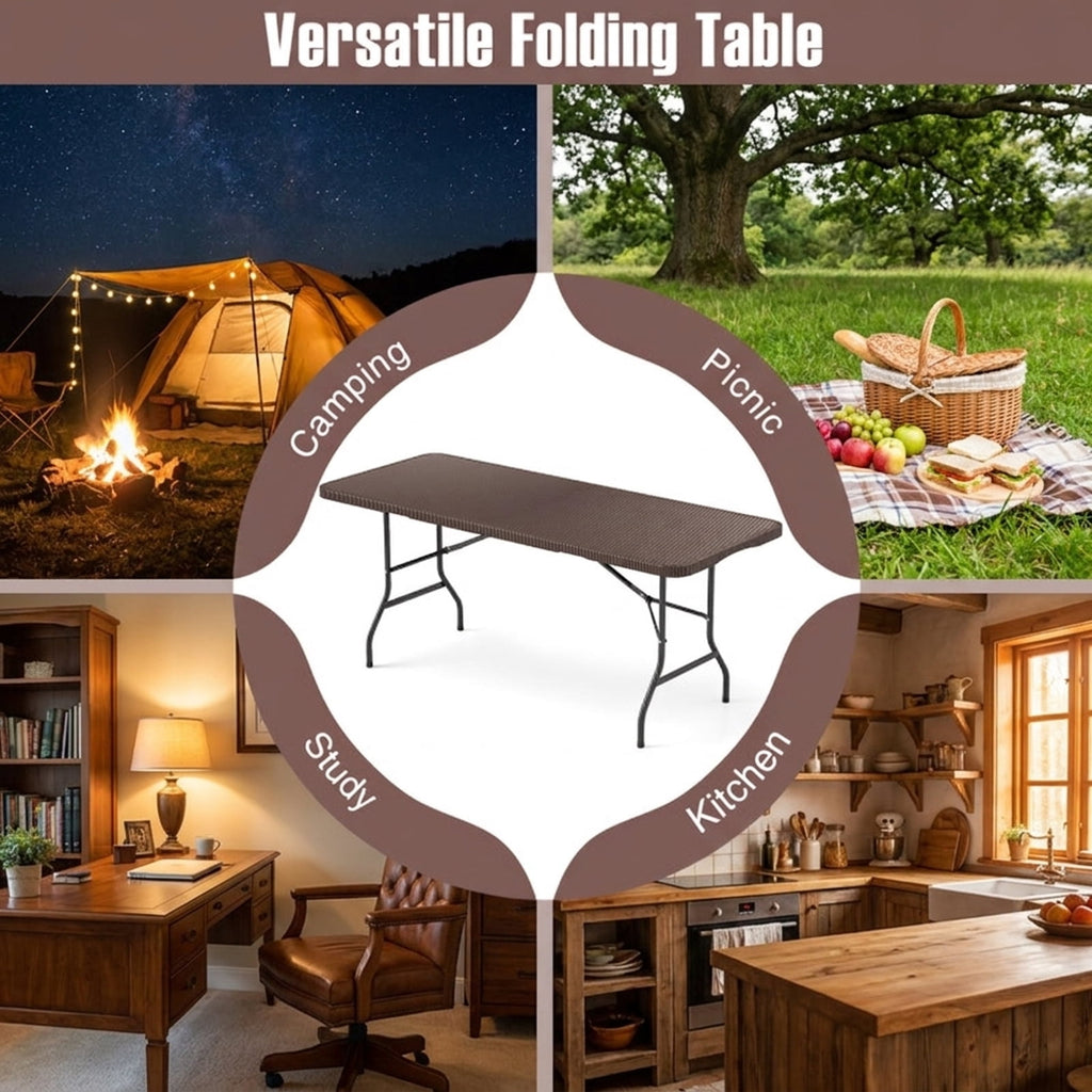 Biotree 6 ft Portable Folding Table with Rattan-Like HDPE Tabletop and Safe Lock Mechanism, Coffee