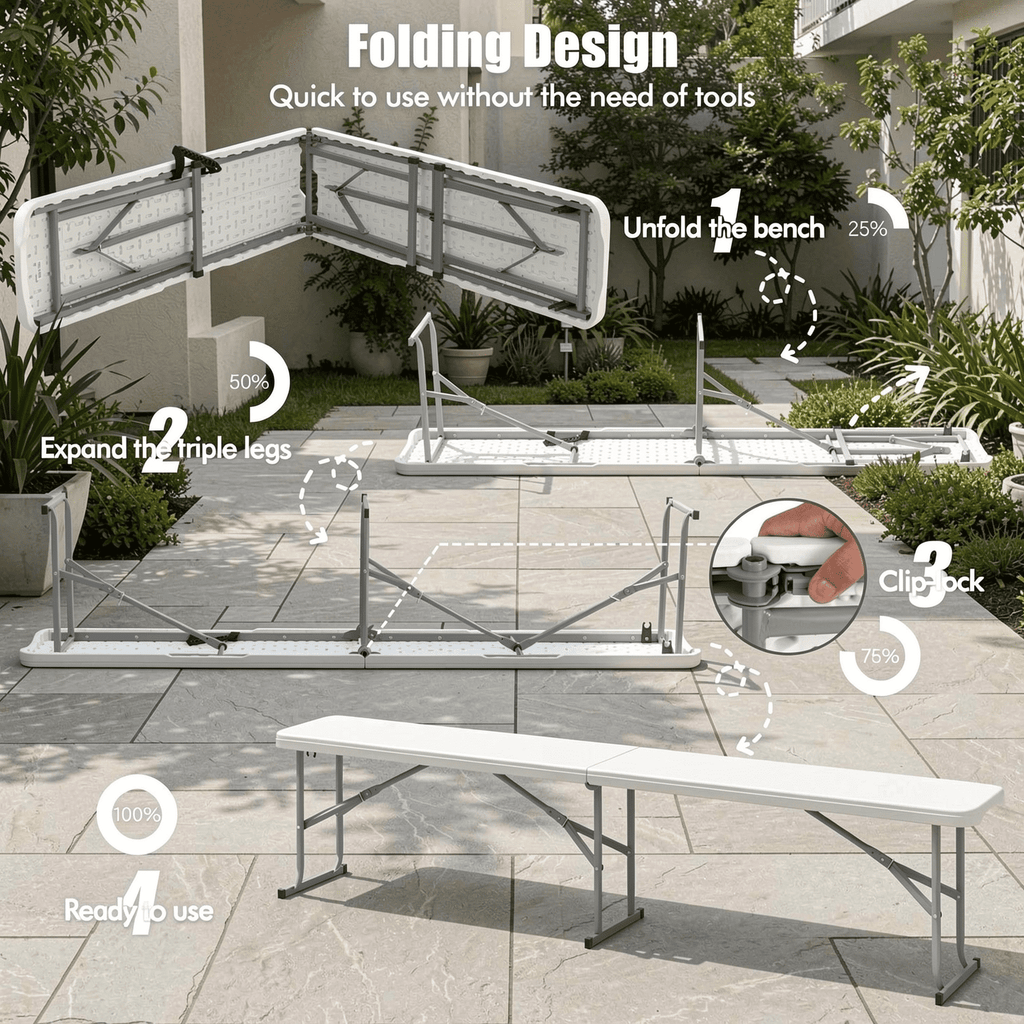 Biotree 6 Feet Plastic Folding Bench Picnic Camping Dining Seat with Carrying Handle Portable Outdoor Bench, White