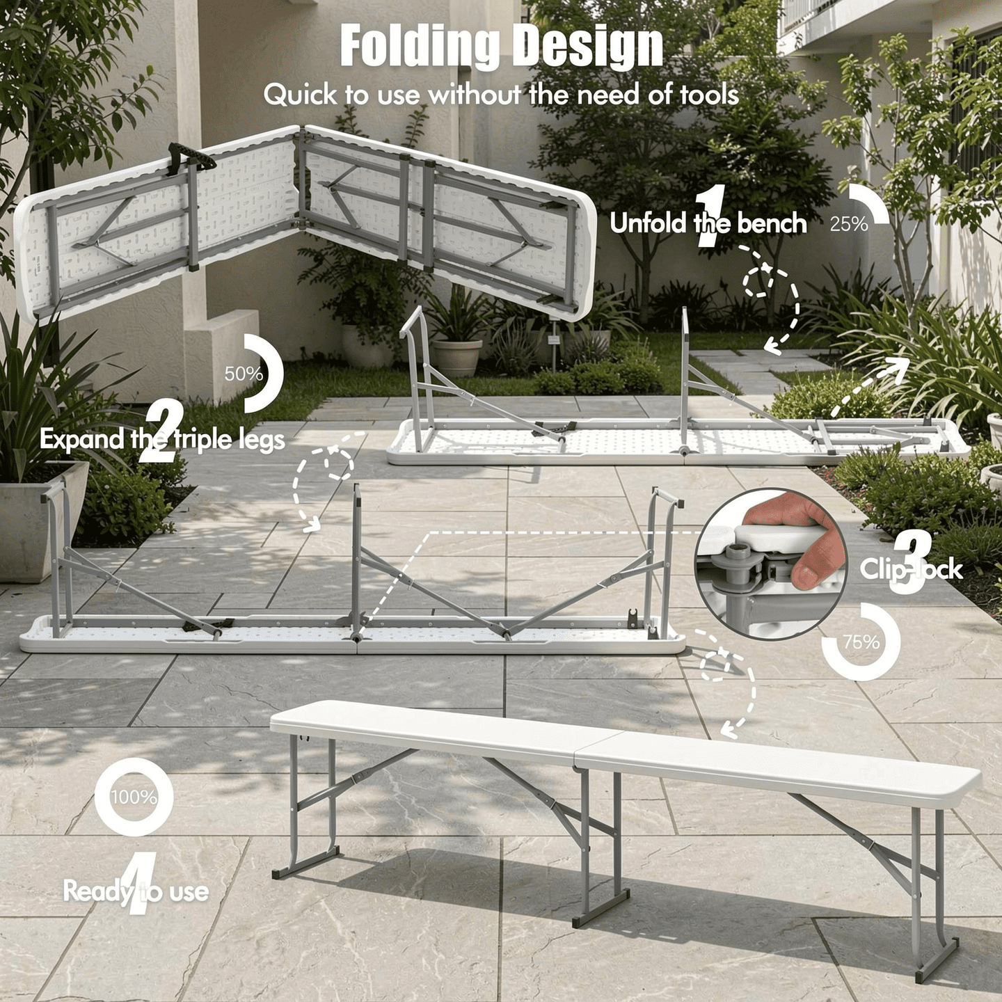 Biotree 6 Feet Plastic Folding Bench Picnic Camping Dining Seat with Carrying Handle Portable Outdoor Bench, White