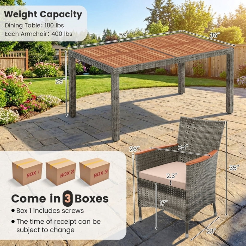 Biotree 7 Pieces Patio Acacia Wood Cushioned PE Rattan Wicker Dining Set Outdoor Conversation Set for Garden Backyard PorchGray