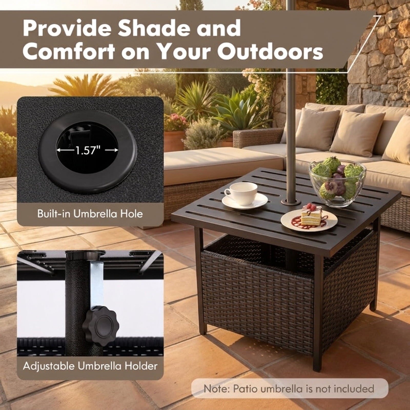 Biotree Outdoor Patio Rattan Wicker Steel Side Deck Table, Dark Brown
