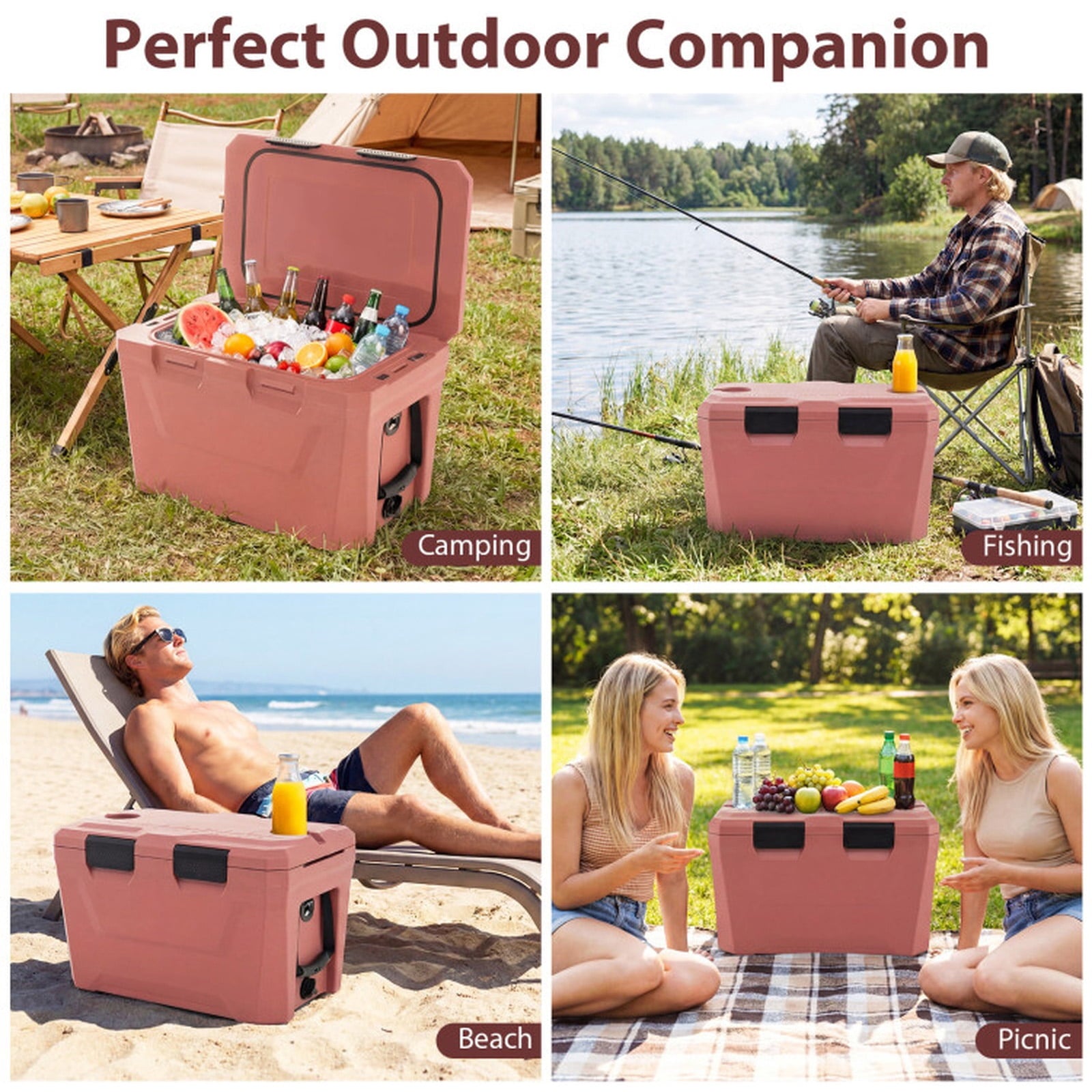 Biotree Insulated Portable Cooler Hard Shell Ice Chest with 2 Cup Holders Bottle Opener and Drain Plug, 37 Qt, Pink