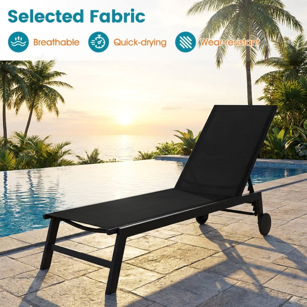 Biotree Patio Chaise Lounge Chair with Wheels and 6-Level Adjustable Backrest Set of 1 Stackable Patio Chair for Garden BackyardBlack