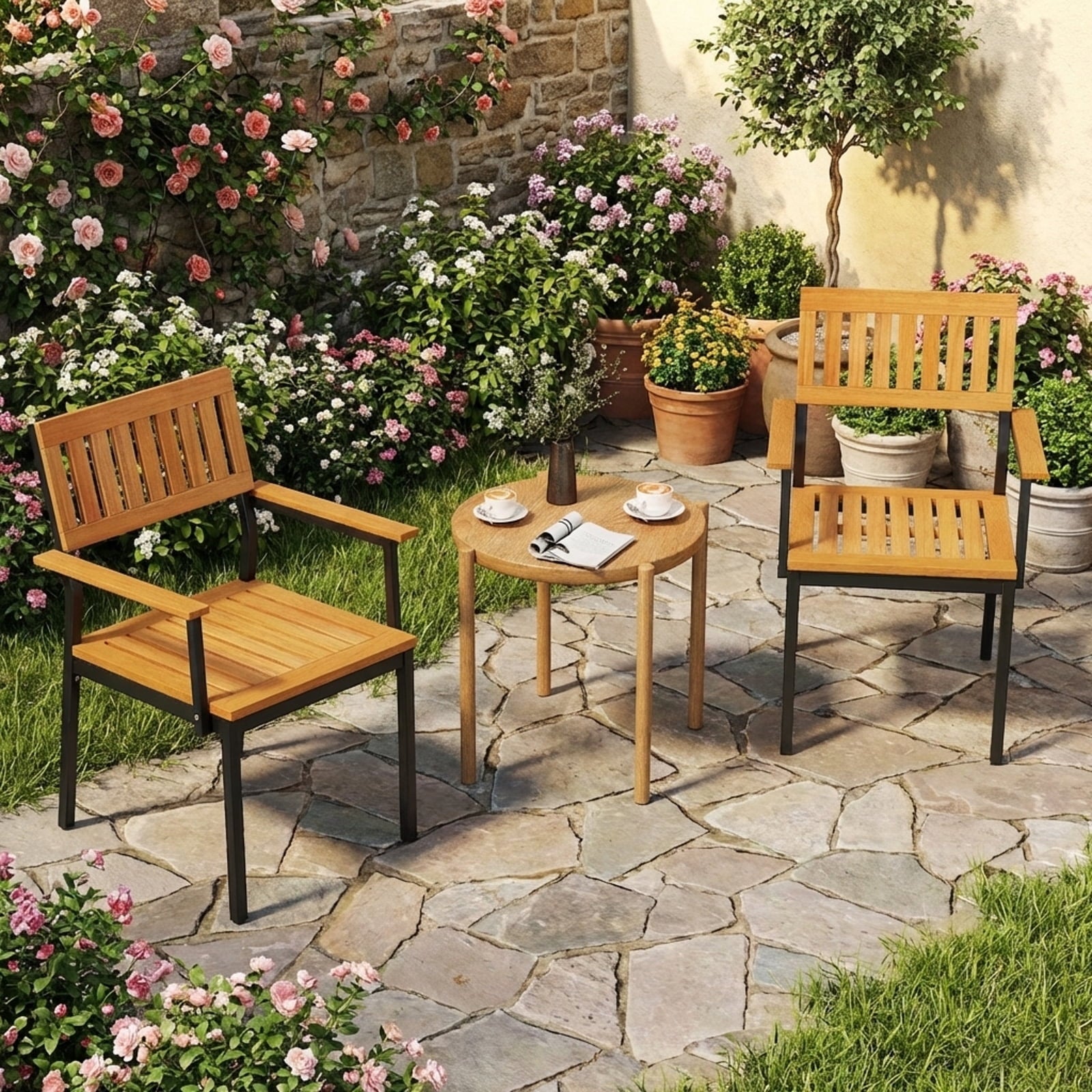 Biotree 2-Pack Patio Dining Chair with Metal and Acacia Wood