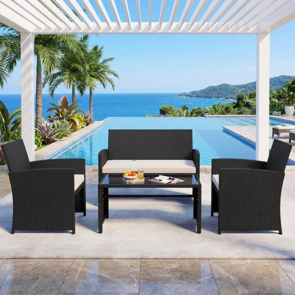 Biotree 4 Pieces Patio Furniture Set with Tempered Glass Tabletop and Removable Cushion Outdoor Conversation Set for Garden Backyard PorchWhite