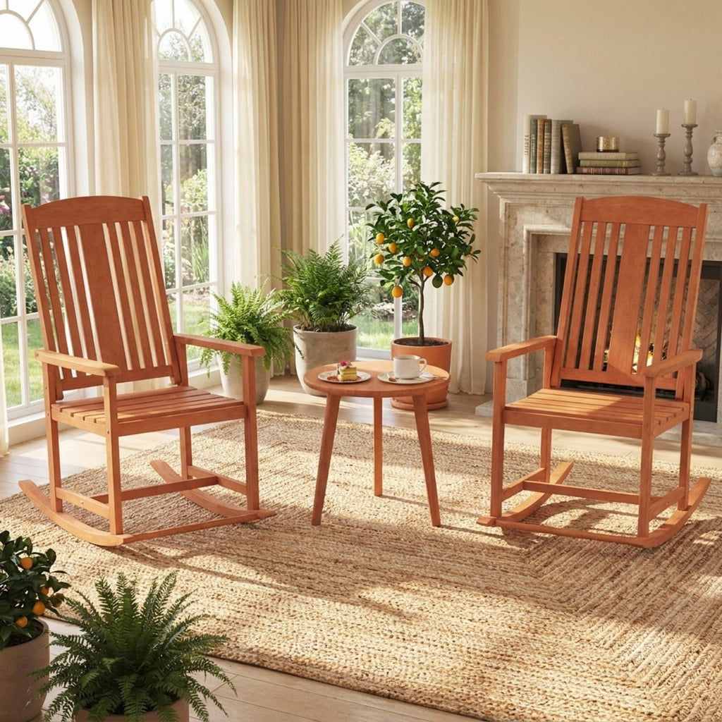 Biotree Outdoor Rocking Chair Solid Wood High Back Rocker with Slatted Seat Stackable Patio Chair for Garden BackyardNatural