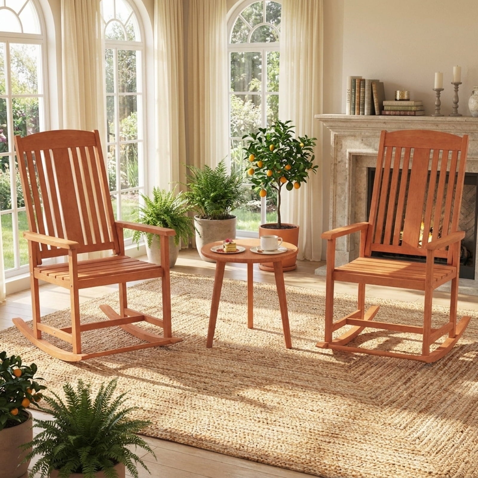 Biotree Outdoor Rocking Chair Solid Wood High Back Rocker with Slatted Seat Stackable Patio Chair for Garden BackyardNatural