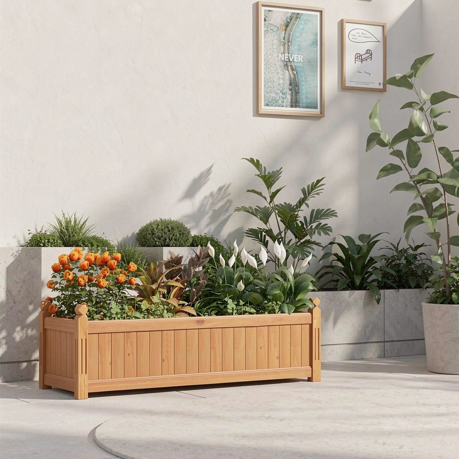 Biotree Wooden Rectangular Garden Bed with Drainage System-Natural Outdoor Vegetables Herbs Flowers Planting