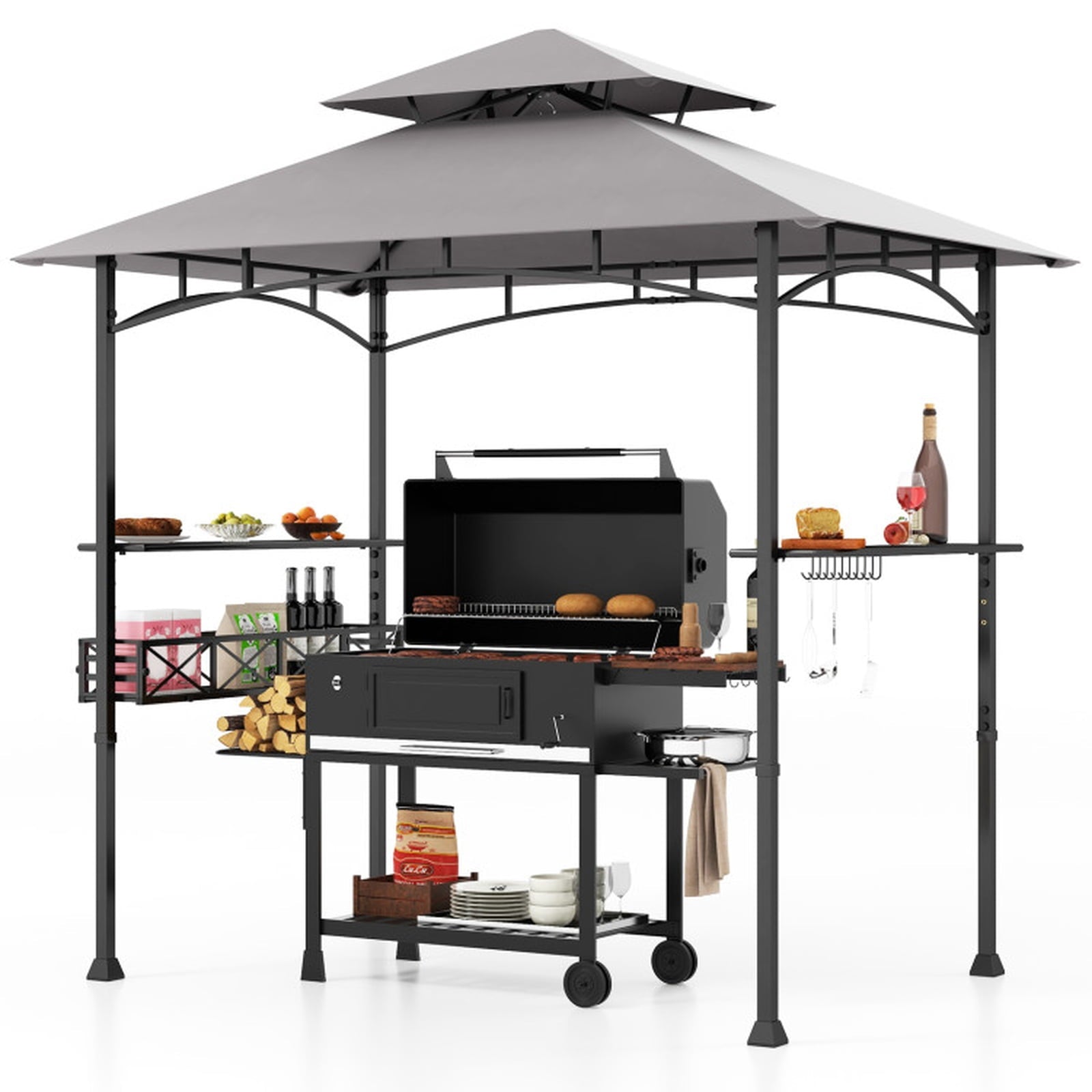 Biotree 8 x 5 Feet Outdoor Grill Gazebo with 2 Side Shelves and 10 Hooks Gray - Outdoor Patio Backyard Garden Shade Canopy Shelter