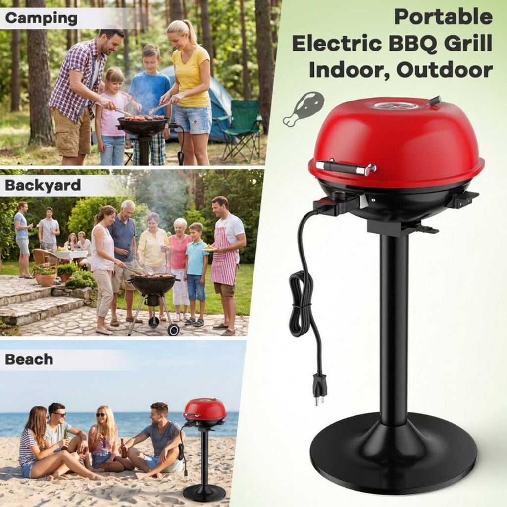 Biotree 1600W Portable Electric BBQ Grill with Temperature Control Grease Collector, Smokeless Tabletop BBQ Cooker for Backyard Patio Camping Red