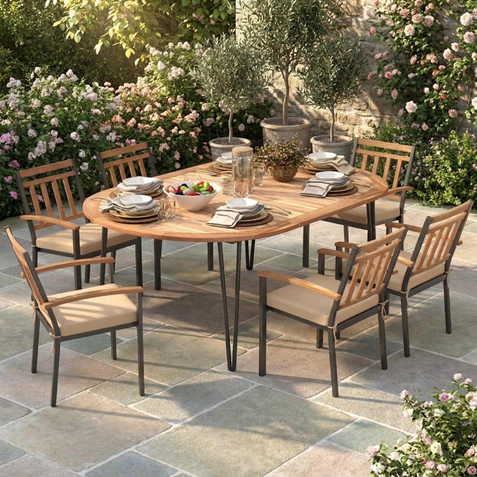 Biotree 79 Inch Oval Patio Dining Table with Umbrella Hole and Acacia Wood Tabletop for 8 People, Natural